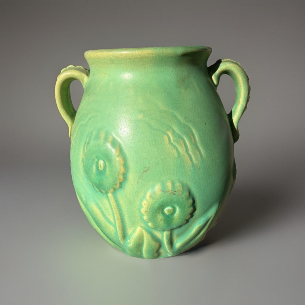 Weller Art Pottery Vase Matte Green Floral Twin Handle Arts And Crafts 1920s